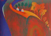 Tittel: Haust i Vest - Høgt oppe. Tresnitt 2022.  Størrelse: 50 x 65 cm.